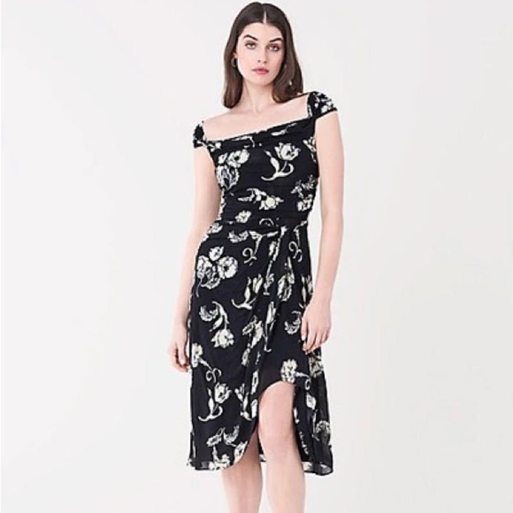Diane Von Furstenberg XS Fannie Jersey Midi Dress Prarie Black Floral Cap Sleeve